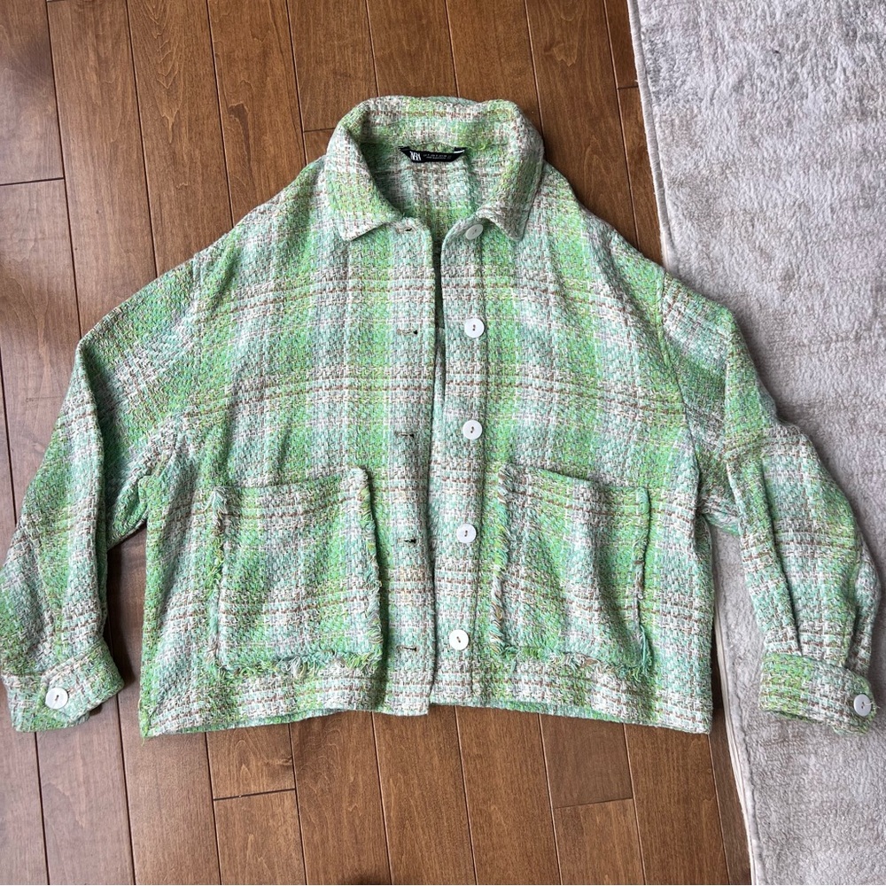 Zara Green and White Plaid Tweed Jacket